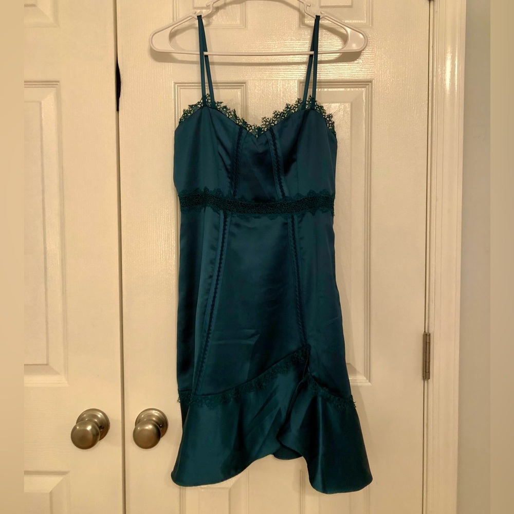 Foxiedox size 2 satin teal cocktail dress- NWT!